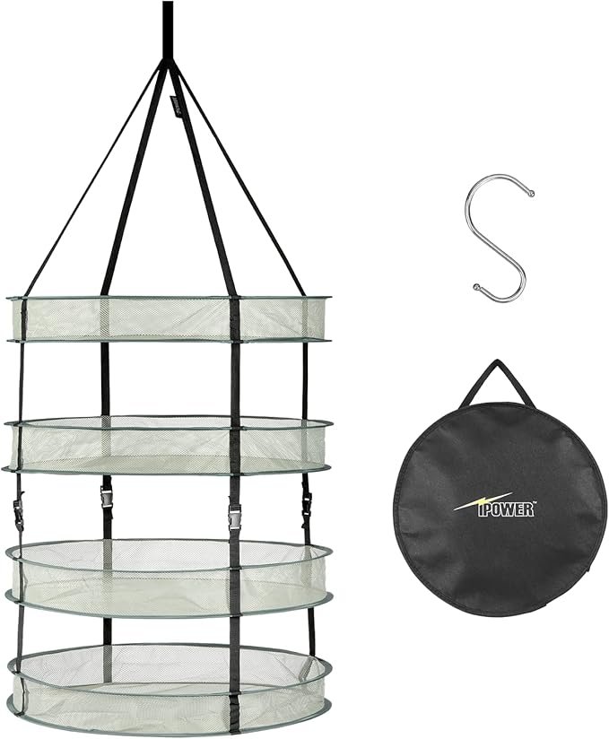 iPower 2 Feet 4 Layer Herb Drying Rack Hanging Foldable Dry Net with Heavy Duty Rings and Carrying Bag, for Plants, Seeds, and Buds, Green