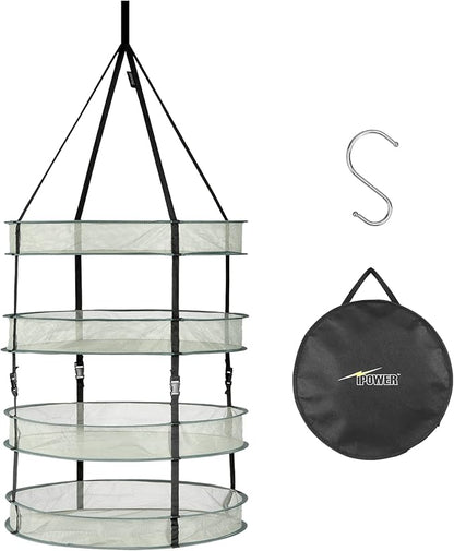 iPower 2 Feet 4 Layer Herb Drying Rack Hanging Foldable Dry Net with Heavy Duty Rings and Carrying Bag, for Plants, Seeds, and Buds, Green