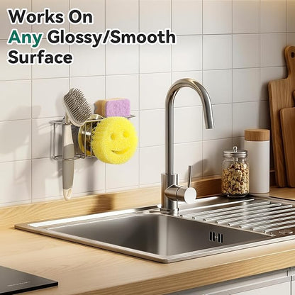 3-IN-1 Multiuse Sponge Holder for Kitchen Sink, Sponge Caddy for Scrub Daddy/Scrub Mommy Smiley Face, Sink Organizer Accessories for Dish Brush, Scrubber - with 2 Suction Cups & 1 Adhesive Hook