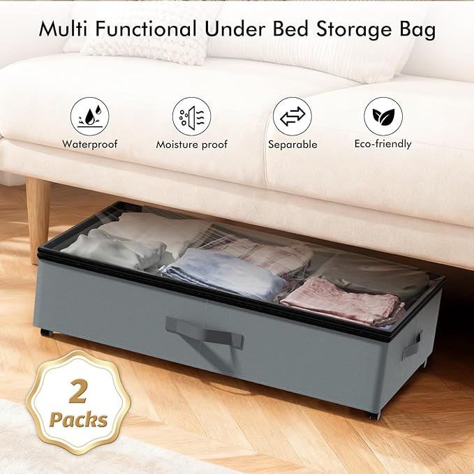 Vadmas 2-Pack Under Bed Storage Containers with Wheels, 75L Each Underbed Storage Organizer with Clear Handles, Collapsible Under Bed Storage Boxes for Clothes, Bedding, Max Load 80 LBS, Gray