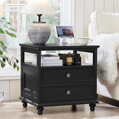 Joaxswe 24" Wide Farmhouse Night Stand Set of 2,Large End Table with 2 Drawers & Metal Handle,Black Wood Dresser for Bedroom, Bed Side Table Chest of Drawers Cabinet, Nightstand for Living Room,Closet