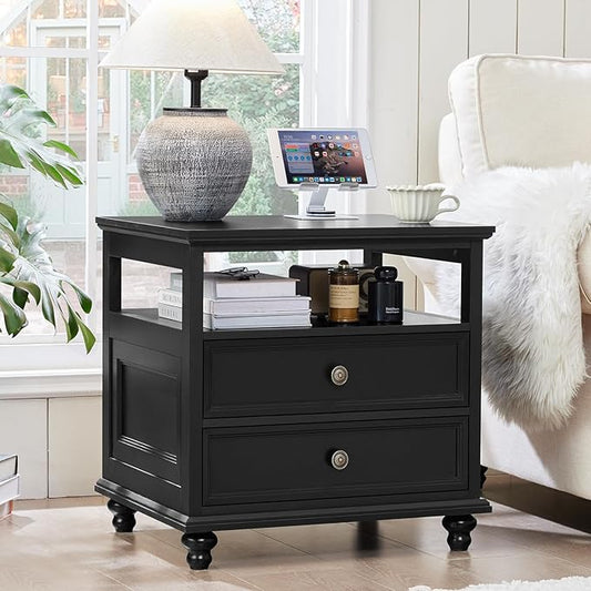 Joaxswe 24" Wide Farmhouse Night Stand Set of 2,Large End Table with 2 Drawers & Metal Handle,Black Wood Dresser for Bedroom, Bed Side Table Chest of Drawers Cabinet, Nightstand for Living Room,Closet