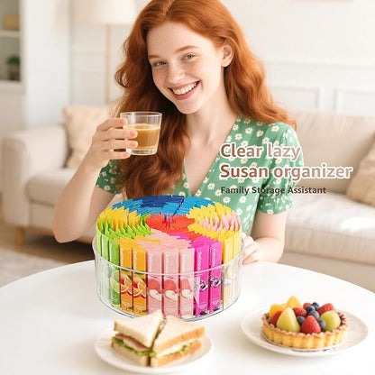 Rotating Drink Mix Organizer, Clear Lazy Susan Turntable for Powder Packet, Water Packet, Water Flavor Packet, Divided Drink Packet Organizer
