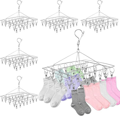 6 PCS Stainless Steel Hanging Drying Rack with 30 Hooks Clips, Swivel Hook Wind-Proof Clothes Sock Drying Hangers Laundry Accessories for Socks Bras Underwear Towel Hat Scarf Pants Gloves