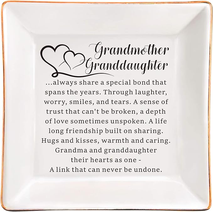 AZVAUUY Gifts for Grandmother Granddaughter, Grandma Granddaughter Ceramic Jewelry Tray Dish Gift, Birthday Mother's Day Christmas Gift for Grandma from Granddaughter Gift