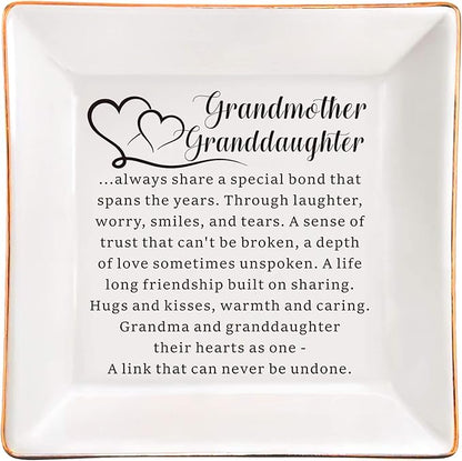 AZVAUUY Gifts for Grandmother Granddaughter, Grandma Granddaughter Ceramic Jewelry Tray Dish Gift, Birthday Mother's Day Christmas Gift for Grandma from Granddaughter Gift