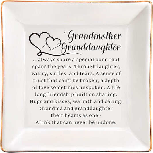 AZVAUUY Gifts for Grandmother Granddaughter, Grandma Granddaughter Ceramic Jewelry Tray Dish Gift, Birthday Mother's Day Christmas Gift for Grandma from Granddaughter Gift