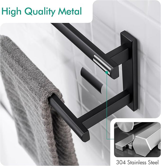 BAGNOLUX Double Towel Bar, SUS304 Towel Racks for Bathroom Wall Mounted 2-Tiers Ladder Towel Rails, Space Saving Bathroom Towel Holder Shelves Rack, Long Towel Hanger (16"-Square-Matte Black)