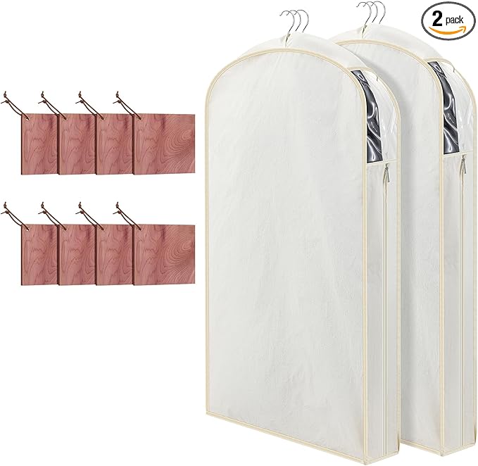 2 Sets 40 Inch Linen Fabric Bags for Hanging Clothes and Storage with Cedar Blocks for Fresh Smell and Moth Protection Sandpaper for Suit Fur Coat Jacket Sweater