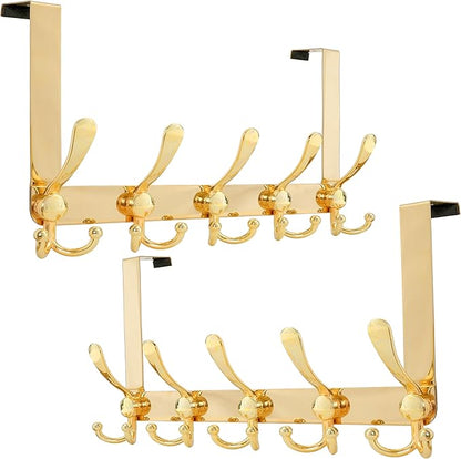 Dseap Over Door Hook 2.0 - Upgraded Version - Simple-Assembly, Strong, Heavy-Duty Stainless Steel 5-Tri-Hook Over The Door Hanger Rack, SimpleStrong Series, Gold, Pack of 2