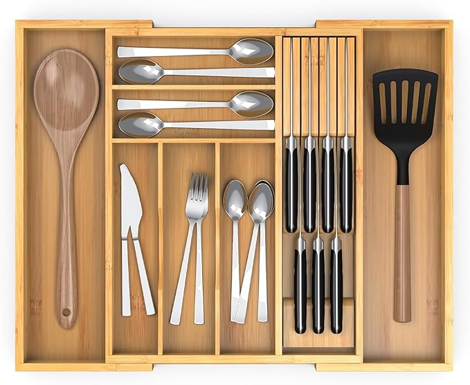 Nexxuss Bamboo Kitchen Drawer Organizer, Expandable Utensil Organizer with Removable Knife Block, Cutlery Tray Holder with Divider, Adjustable Silverware Organizer, Wood Tableware Dividers Storage