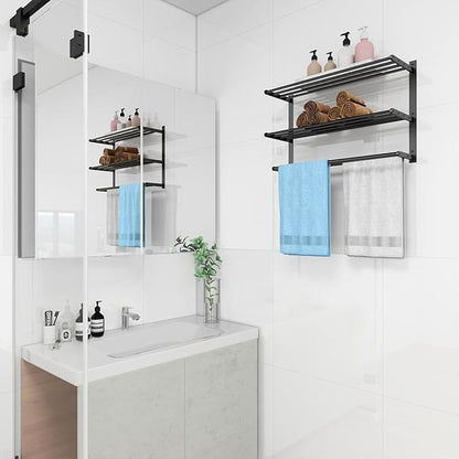 Towel Racks for Bathroom Wall Mounted 24", 3 Tier Bathroom Towel Shelf with Double Towel Bar, Stainless Steel Towel Rack with Towel Shelf, Towel Hanger Holder for Bathroom Towel Storage, Black