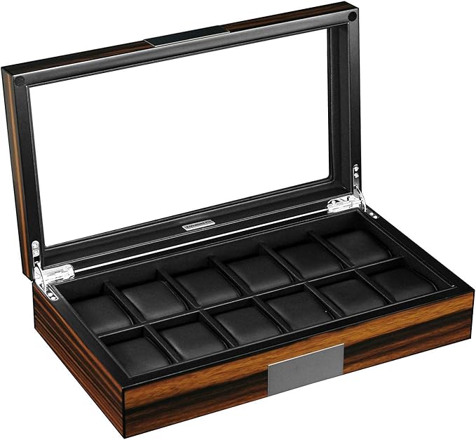 Lifomenz Co 12 Watch Box for Men Watch Display Case Wood Luxury Watch Box with Large Glass Window,Watch Organizer Box with Ultra Smooth PU Leather Interior