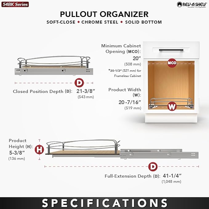 Rev-A-Shelf Pull Out Kitchen Cabinet Storage Organizer with Solid Bottom and Undermount Soft-Close Full Extension Slides, 54BK-21SC-1