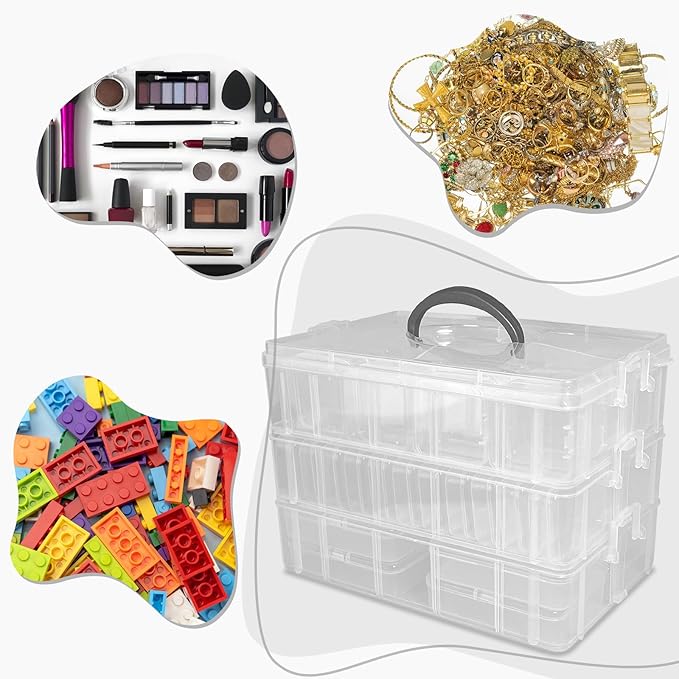 Guyuyii Bead Organizers and Storage with Labels and Handle - 58 Pcs Small Plastic Bins with Lids and 3-Tier Stackable Clear Bead Storage for Diamond Painting, Seed Beading & Jewelry Making (3 Sizes)