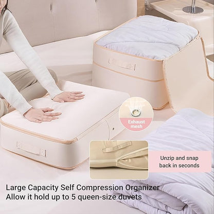 2-Pack Comforter Storage Bag Large Capacity Blanket Storage Bags, Ultra Space Saving Self Compression Organizer, Washable Compression Bags for Comforter Blanket Bedding Duvet Pillow (Beige)
