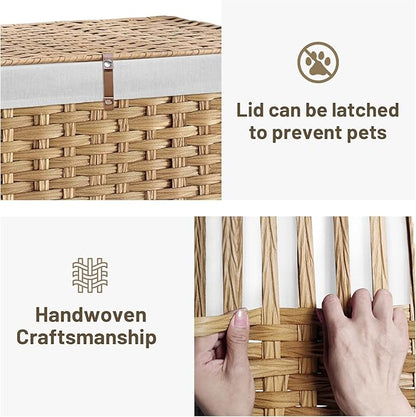 240L Wicker Storage Basket with Lid, Handwoven Rattan Large Shelf Basket with Removable Liner, 47.6 Gallon Wicker Basket for Blanket, Storage Trunk with Handle for Closet, Bedroom, Livingroom, Natural