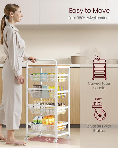 VASAGLE Kitchen Storage Cart with Pull-Out Baskets, 5-Tier Rolling Utility Cart with Wheels for Snacks, Handle, 12.5 x 15.8 x 37.4 Inches, Golden Oak and Matte White ULRC041YA01