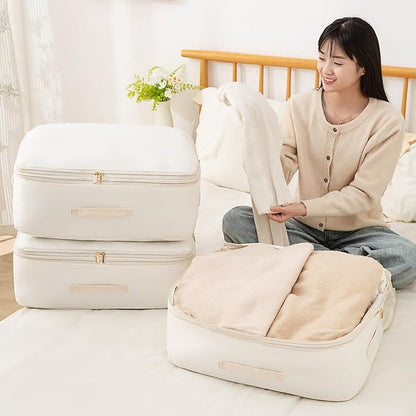 Ultra Space Saving Self Compression Organizer, Comforter Storage Bag for Clothes, Blankets, Pillows, Duvet, Comforters, Bedding Sets and Much More (Khaki,L - 54 * 42 * 30cm)