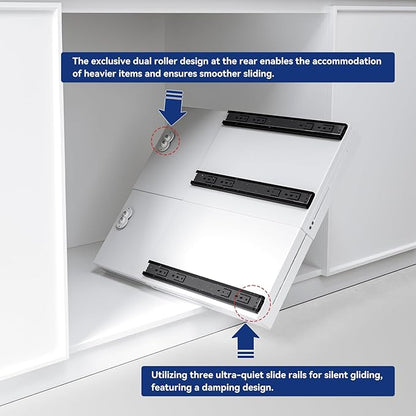 Pull-out Cabinet Organizer,Adjustable Depth(15.7"-24.4") And Width(12.8"-20.5"),3 Silent slides and 2 Support Pulleys,Easy to Assemble and Heavy-Duty Storing slide-out drawer,White