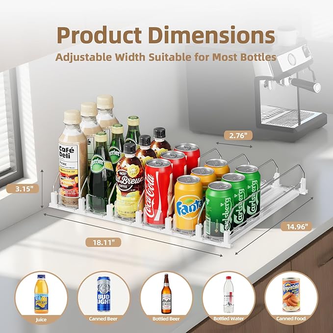 HIYOHIYO 6 Row Auto-Push Soda Can Organizer for Refrigerator, Automatic Pushing Drink Dispenser for Fridge, Self Push Beverage Rack, Drink Organizer Holds up to 30 Cans, Adjustable Width (Depth 15")