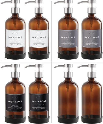 Hand and Dish Soap Dispenser for Kitchen and Bathroom, Set of 2 16 Oz Glass Bottles, Stainless Steel Pumps, Non-Slip Silicone Base, 27 Waterproof Labels (Amber Bottle/Brushed Silver Pump)