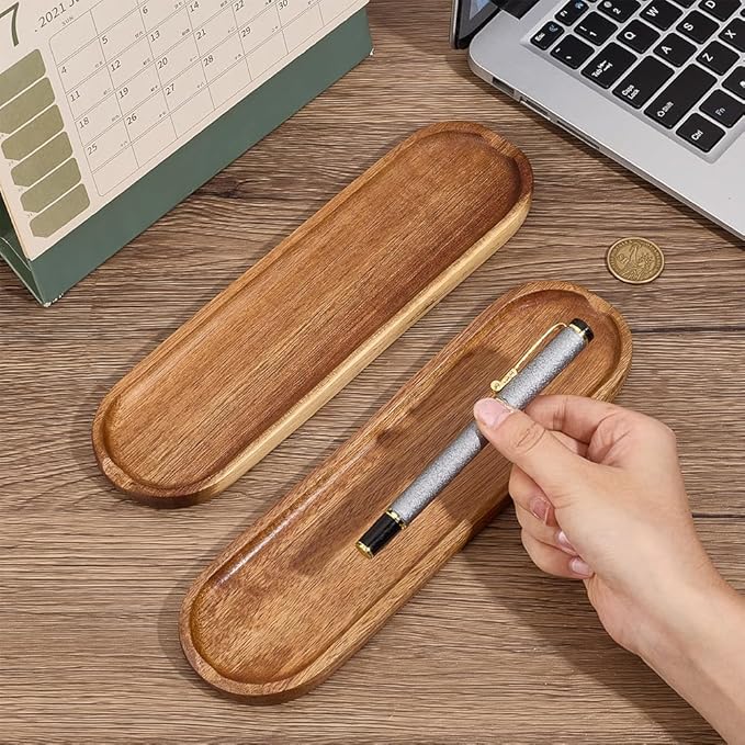 OLYCRAFT 2Pcs Wooden Pen Tray Brown Pens Tray Minimalist Pen Rest Oval Wooden Pens Trays Acacia Wood Pencil Trays Wood Desk Accessories for Home Office Desk Workspace Organization Supplies