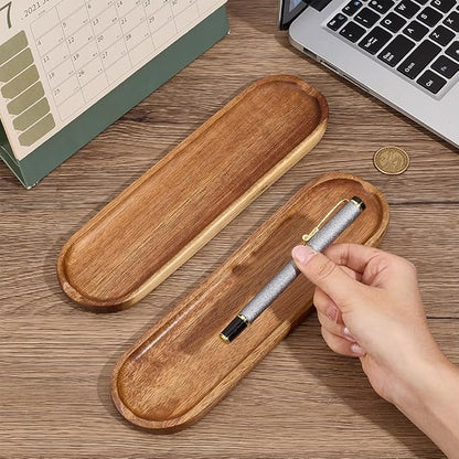 OLYCRAFT 2Pcs Wooden Pen Tray Brown Pens Tray Minimalist Pen Rest Oval Wooden Pens Trays Acacia Wood Pencil Trays Wood Desk Accessories for Home Office Desk Workspace Organization Supplies