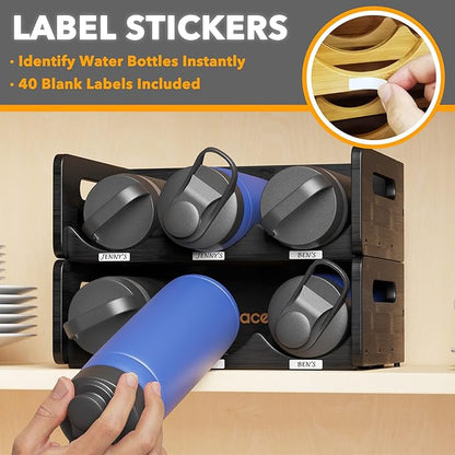 SpaceAid Bamboo Water Bottle Organizer with Labels, Kitchen Pantry Storage Rack for Cabinets, Home Cup and Wine Bottle Holder Shelf Organizers, 2 Pack 3-Slot, Black