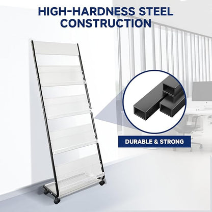 4-Tier Floor-Standing Magazine Rack with Wheels – Perfect Brochure Display Stand for Exhibitions, Offices, and Information Hubs (Black-White)