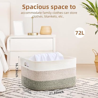 Cotton Rope Basket,Large Blanket Basket for Living Room,Woven cotton rope laundry baskets，For Bathroom Dirty Clothes ，Nursery Toys，pillow storage organization, 72L，Brown and white.