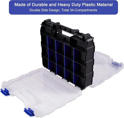 Small Parts Storage Case Tools Box Organizer Double Side 34 Compartments Hardware Organizers with Removable Plastic Dividers for Screws Nuts Nails Bolts