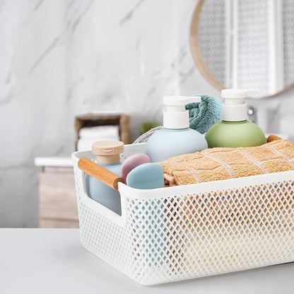 Tioncy 4 Pcs White Mesh Baskets with Wooden Handles Plastic Storage Organizer Baskets Pantry Basket Fruit Vegetables Gathering Basket Bin for Organizing Cabinet Closet Bedroom Kitchen(Small)