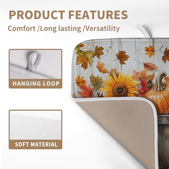 Wnoesat Fall Dish Drying Mat for Kitchen Counter Autumn Thanksgiving Pumpkin Sunflower Maple Leaf Leaves Birds Dishes Draining Pad Washable Dish Drainer Rack Mat Medium 16x18 Inch