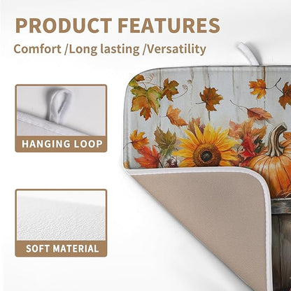 Wnoesat Fall Dish Drying Mat for Kitchen Counter Autumn Thanksgiving Pumpkin Sunflower Maple Leaf Leaves Birds Dishes Draining Pad Washable Dish Drainer Rack Mat Medium 16x18 Inch