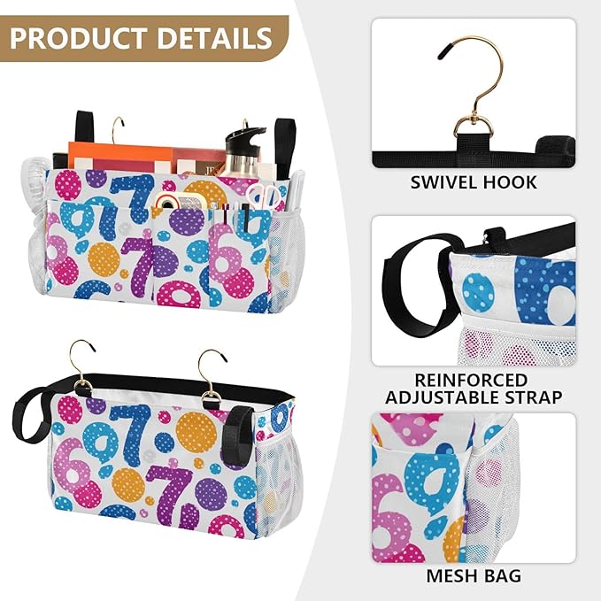 CuwrYet Bedside Caddy Hanging Bunk Bed Caddy Bed Organizer Hanging Pocket with 2 Hooks Bedside Storage Organizer Pocket Bag Holder Six Seven Flowers Colorful Polka Dots