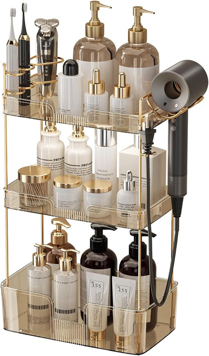YCIA&DONE Luxury Bathroom Counter Organizer, Large Makeup Organizer Countertop, Shelf Organizer, Vanity Tray, Easily Assemble for Bathroom Organizers and Storage, Undersink, Cabinet,3 Tiers Amber