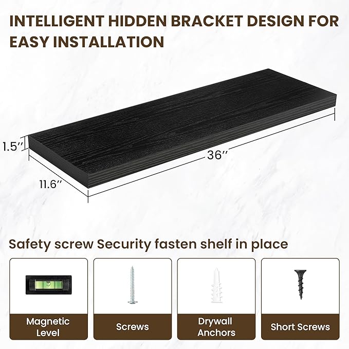 36 Inch Floating Shelves, 12 Inch Deep Floating Shelves for Wall, Floating Shelf with Invisible Brackets, Deep Shelves for Bathroom, Bedroom, Living Room, 2 Pack, Black