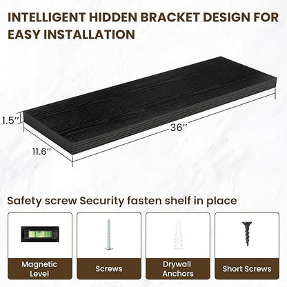 36 Inch Floating Shelves, 12 Inch Deep Floating Shelves for Wall, Floating Shelf with Invisible Brackets, Deep Shelves for Bathroom, Bedroom, Living Room, 2 Pack, Black