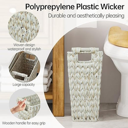 Endymion Wicker Trash Can,Large Narrow Woven Trash Can with Wooden Handles,Boho Decorative Waste Basket for Bathroom,Bedroom,Office,5 Gallon,White