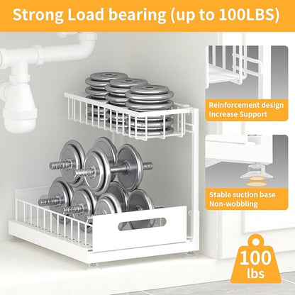 Under Sink Organizer Storage 2-Tier Premium Metal Pull-Out Racks, Height Adjustable, Heavy Dut and Easy Installation for Kitchen & Bathroom Organizers 1 Pack White