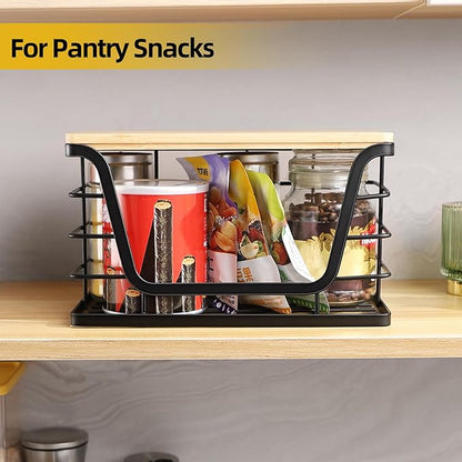 ALOCEO Small Wall Basket, Stainless Steel Adhesive Cabinet Door Organizer with Bamboo Top for Kitchen, Cabinet, Pantry, Black