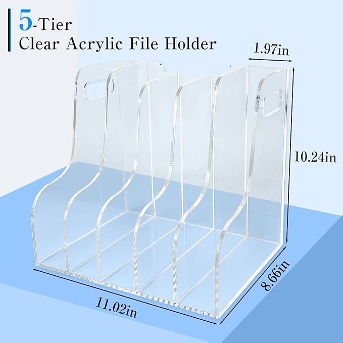 5-Tier Clear Acrylic File Holder, Vertical Document Organizer for Magazines, Binders, Notebooks & Envelopes - Multi-Purpose Desk Storage for Home Office（A4,5 Sections）