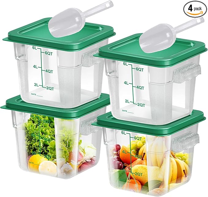 FeyBuosk 4 pcs 6qt Food Storage Containers with Lid, Square Clear Commercial Storage Containers with Handle and Scale for Food Storage in Home Kitchen & Dining (Green)