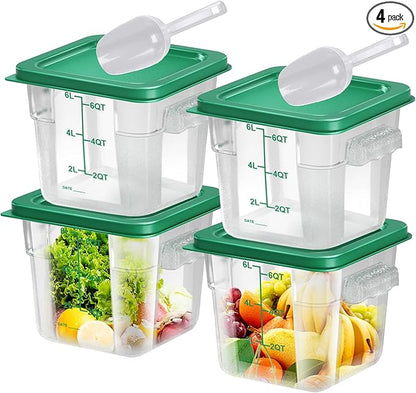 FeyBuosk 4 pcs 6qt Food Storage Containers with Lid, Square Clear Commercial Storage Containers with Handle and Scale for Food Storage in Home Kitchen & Dining (Green)