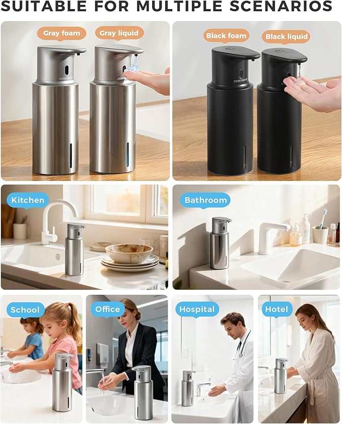 DODO MEKIA Automatic Liquid Soap Dispenser Touchless, 304 Stainless Steel Bottle Body &16.2oz/480ml Rechargeable, 3 Adjustable Liquid Levels, IPX7 Waterproof, for Kitchen Bathroom, Stainless Steel