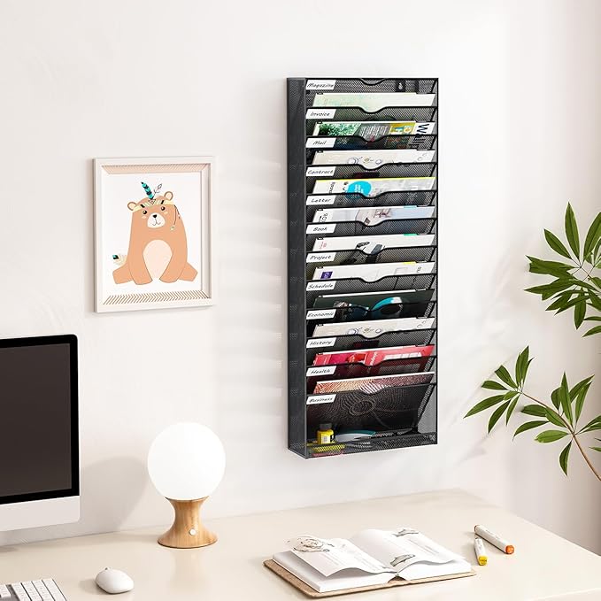 Hanging Wall File Organizer,13-Tier Desk File Mail Holder, Paper Bill Organization For Office Home School, Black