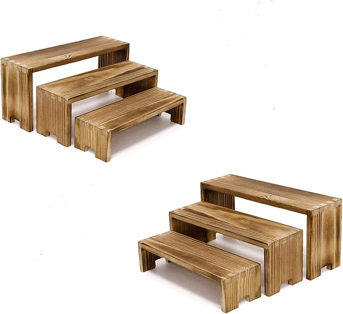 2 Set Small Display Riser Wood Risers Wooden Cupcake Display Stand 3Tiered 6Pcs Racks Perfume Display Dessert Food Stands for Vendors Event Party