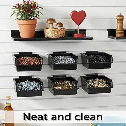 12 Pack Slatwall Bins, Slatwall Accessories Plastic Wall Mounted Storage Bins with Hooks Wall Storage Bin for Slat Walls Organizing Hardware, Garage, Craft Room, Tool Shed, Hobby Supplies