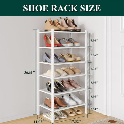Smiry Small Bamboo Shoe Rack 6-Tier, Stackable Wooden Shoe Organizer for Entryway & Closet, Free Standing Wood Shoe Storage Shelf for Front Door & Small Spaces, White